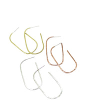 Load image into Gallery viewer, Four textured metal hoop earrings in gold, rose gold, and silver finishes, arranged on a plain white background.
