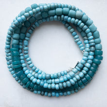 Load image into Gallery viewer, Blue Bliss Wrap brings together 3 types of handmade blue beads: Teal Blue Javanese Glass, Cadet Blue African Gooseberry beads, and Denim Blue African Goomba beads
