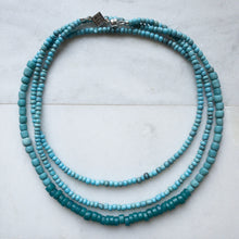 Load image into Gallery viewer, Blue Bliss Wrap brings together 3 types of handmade blue beads: Teal Blue Javanese Glass, Cadet Blue African Gooseberry beads, and Denim Blue African Goomba beads
