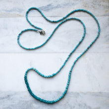 Load image into Gallery viewer, Blue Bliss Wrap brings together 3 types of handmade blue beads: Teal Blue Javanese Glass, Cadet Blue African Gooseberry beads, and Denim Blue African Goomba beads
